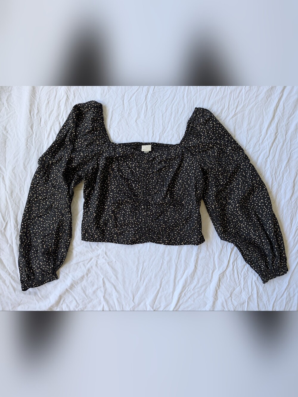 a new day Square Neck Black Puff Sleeve Top with Cream Dot Print